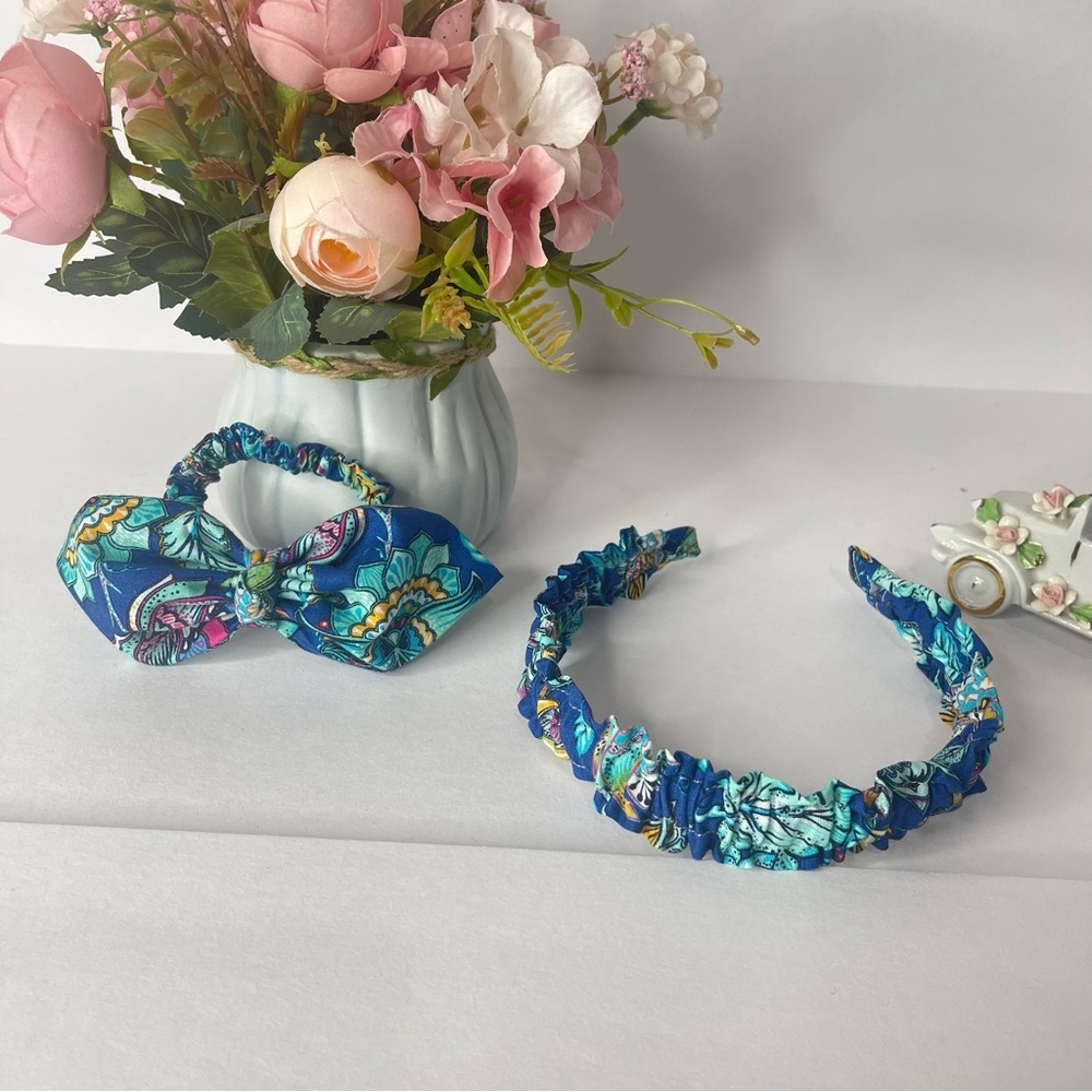 Ruffle Headbands end Scrunchie Set Girls Handmade Hair floral blue